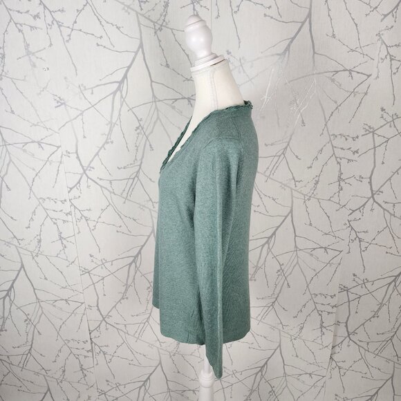 Banana Republic Green 45% Wool 10% Cashmere Ruffled V-Neck Sweater - Picture 3 of 6